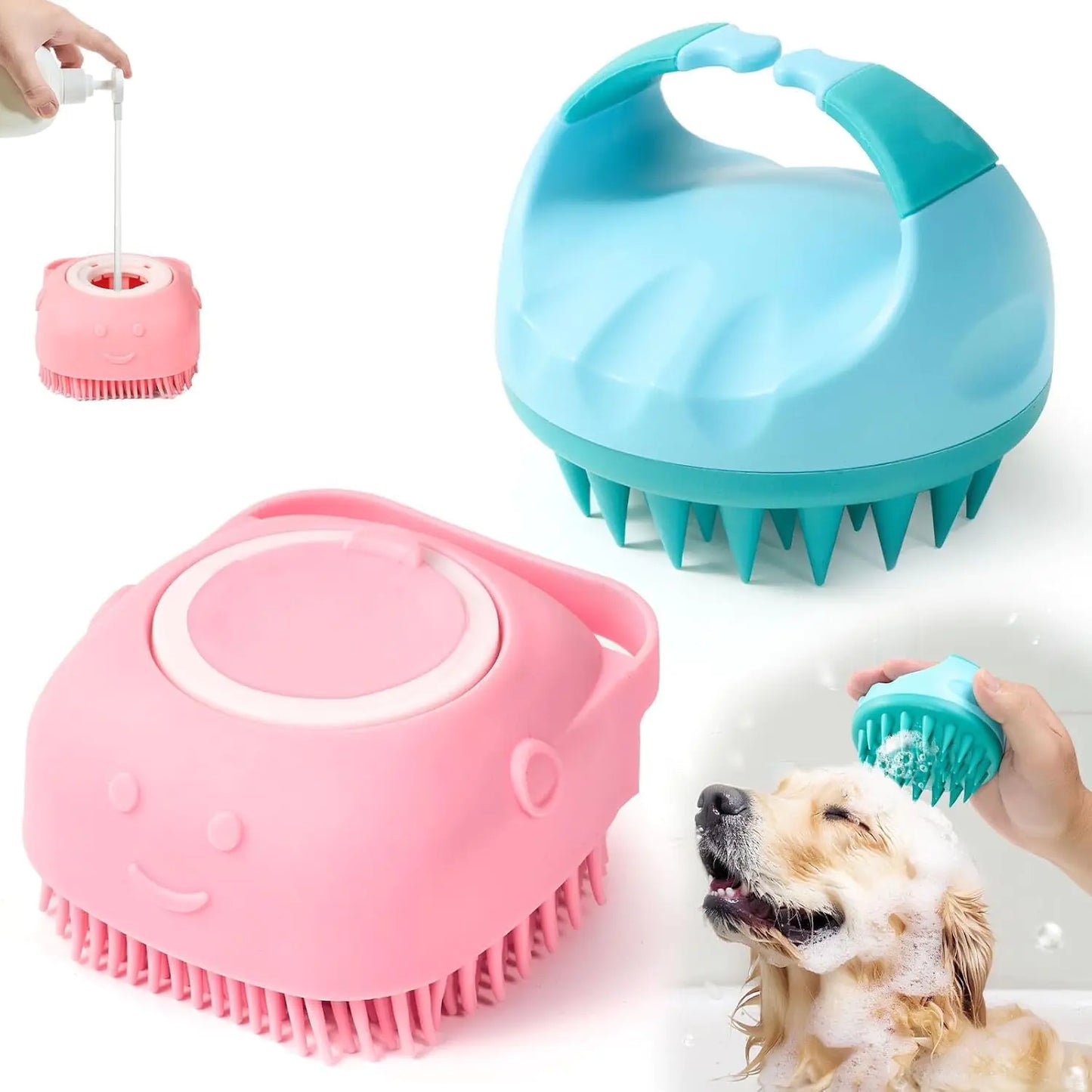 2 Pack Dog Bath Brush Dog Shampoo Brush Dog Massage Brush Pet Grooming Brush Soft Silicone Scrubber for Short Long Haired Dogs Cats Massage Comb Soft Shedding Bathing Brush Removes Loose & Shed Fur