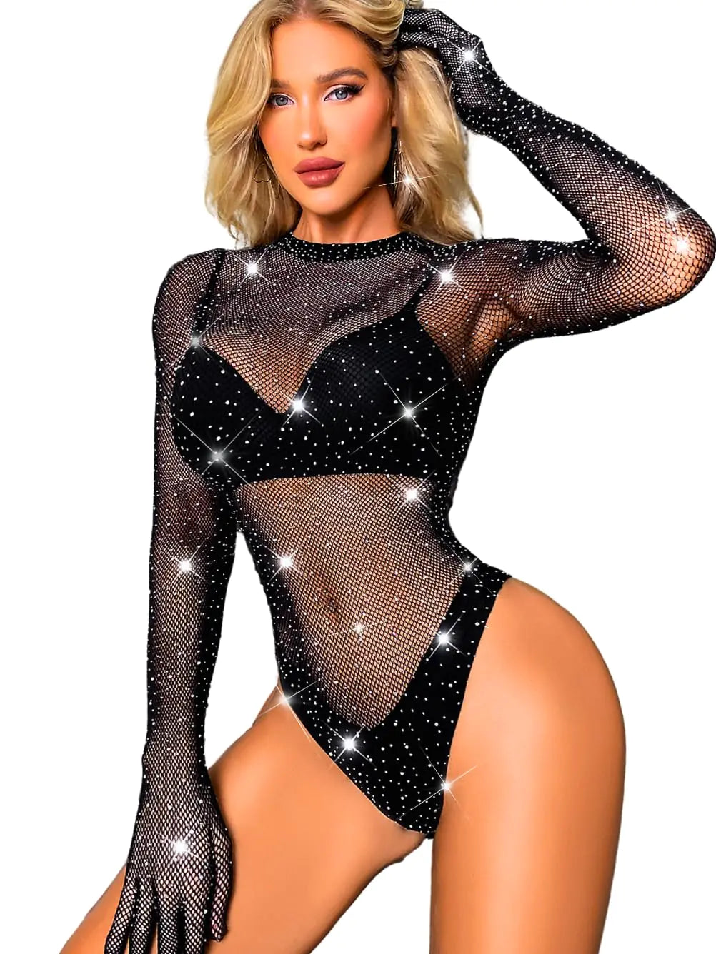Kaei&Shi Rhinestone Mesh Bodysuit For WomenSheer Long Sleeve Rave OutfitsSexy Sparkly Fishnet Top Boudoir Lingerie Black